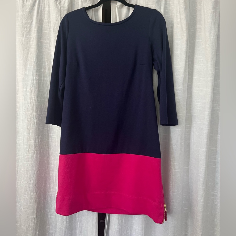 Great  fuchsia and navy dress that is super comfortable to wear.